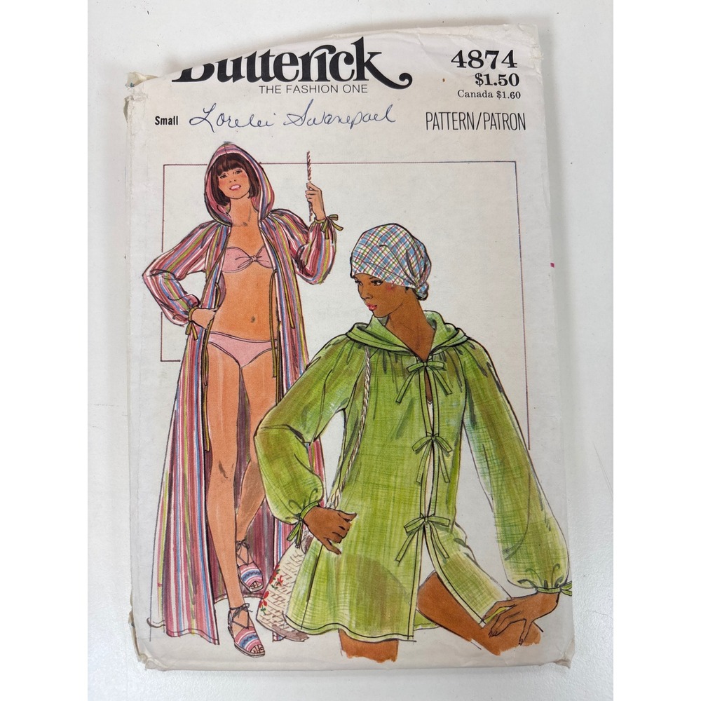 Vintage Butterick 4874 Misses Hooded Cover-Up Sewing Pattern Size Small 8-10 70s